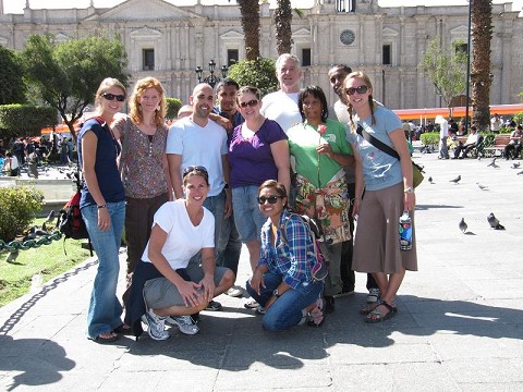 Group shot at the Plaza de Armas, Arequipa